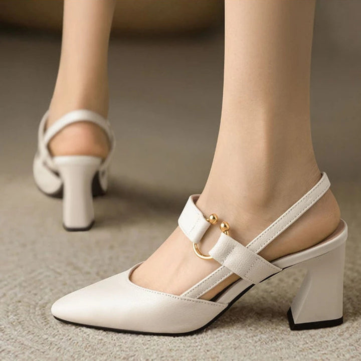 Harlow | Gold Ring Bar Strap Slingback Block Heels