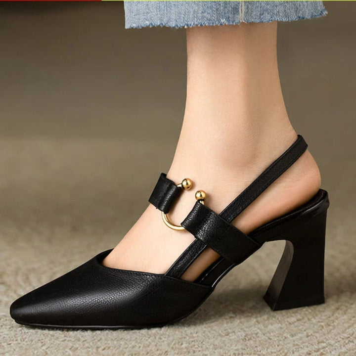 Harlow | Gold Ring Bar Strap Slingback Block Heels