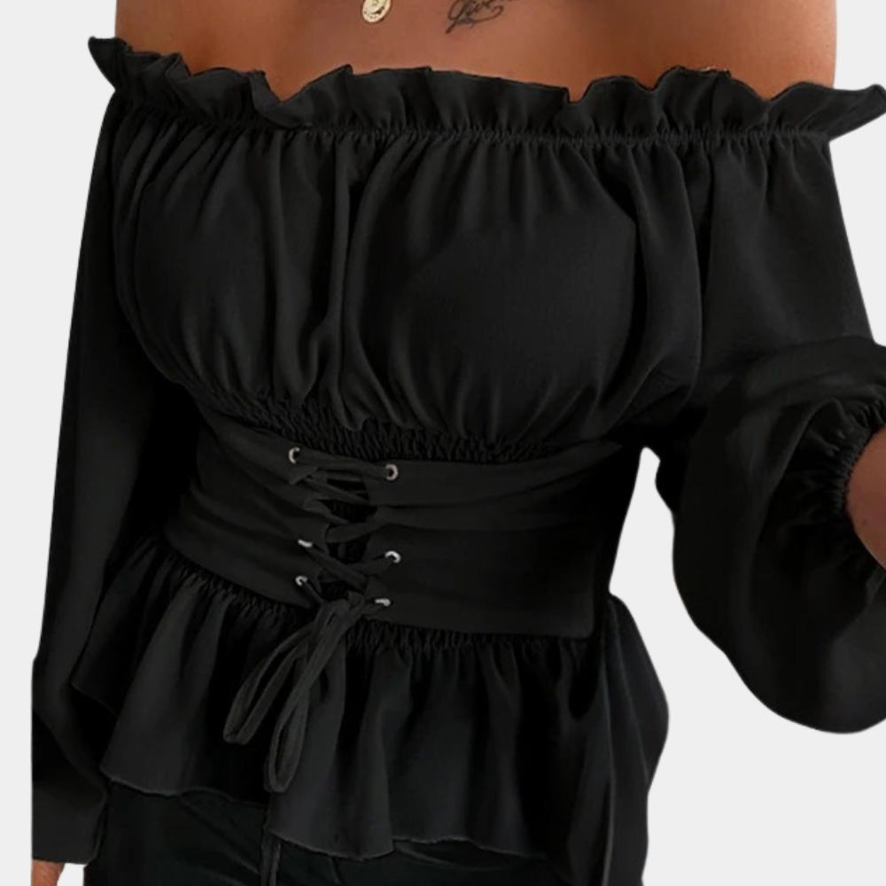 Megan | Ruffle Bardot Lace-Up Corset Off Shoulder Top