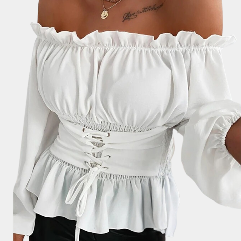 Megan | Ruffle Bardot Lace-Up Corset Off Shoulder Top