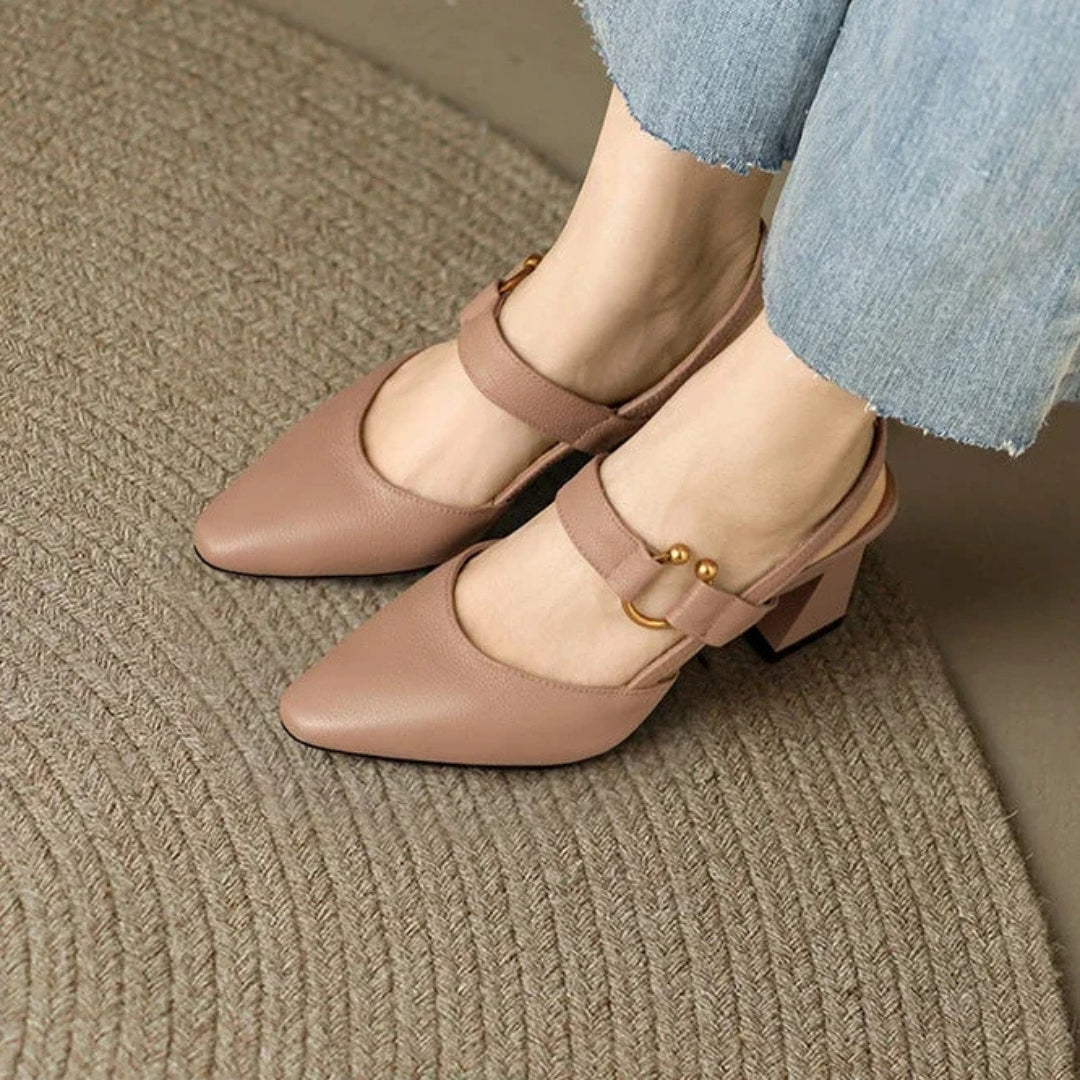 Harlow | Gold Ring Bar Strap Slingback Block Heels