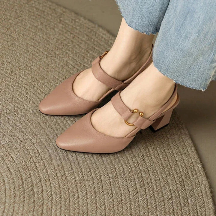 Harlow | Gold Ring Bar Strap Slingback Block Heels