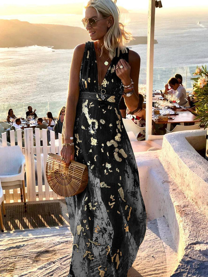 Calista | Metallic Foil Print Deep V Summer Dress