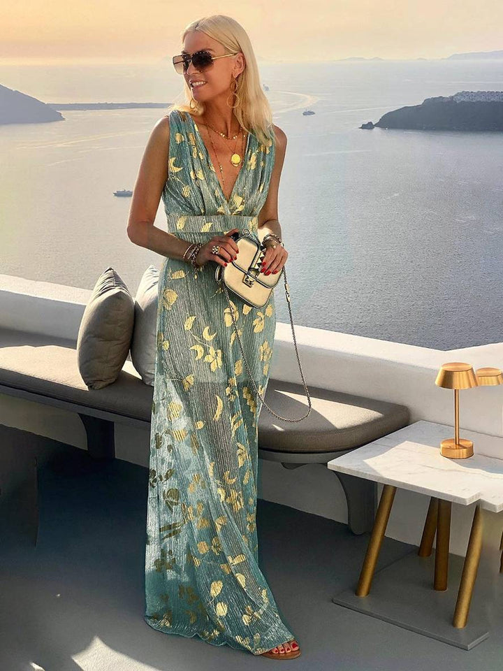 Calista | Metallic Foil Print Deep V Summer Dress