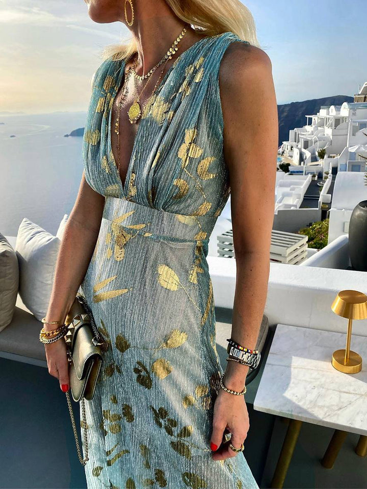 Calista | Metallic Foil Print Deep V Summer Dress