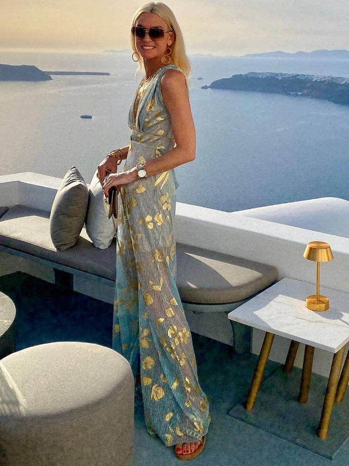 Calista | Metallic Foil Print Deep V Summer Dress