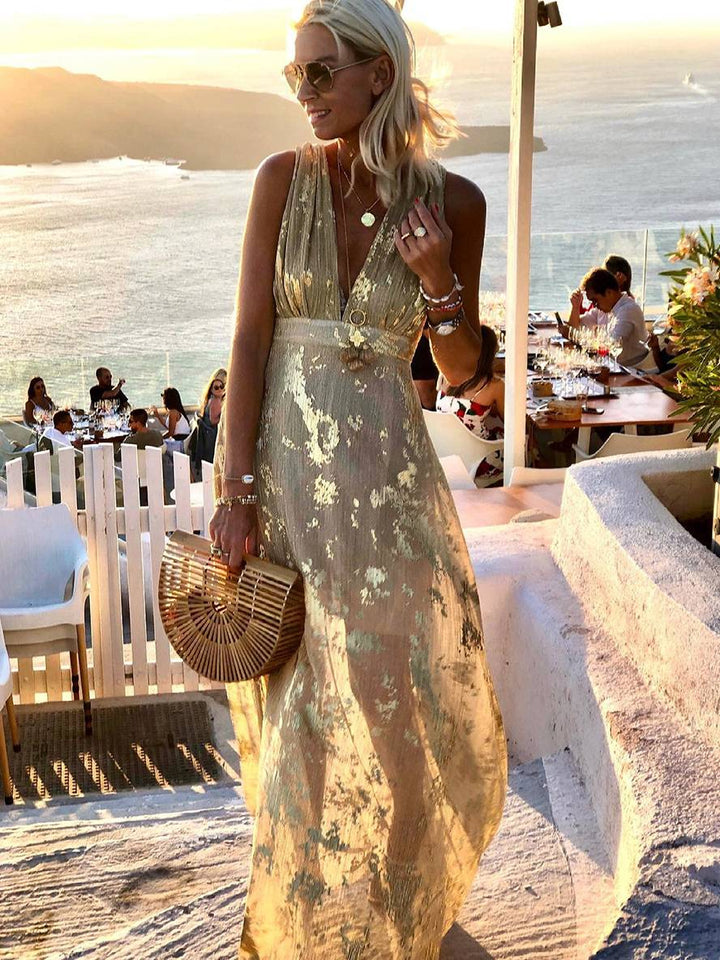Calista | Metallic Foil Print Deep V Summer Dress