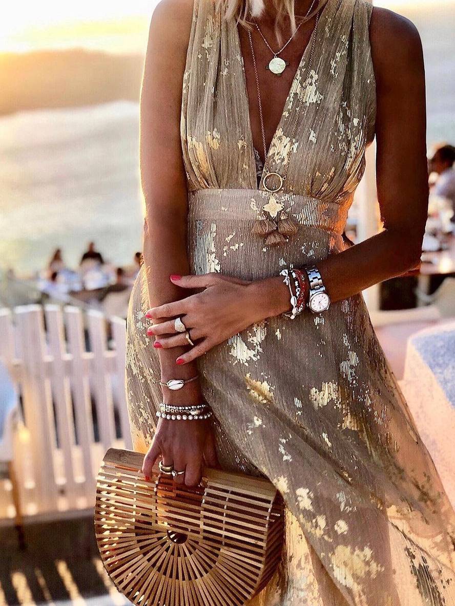Calista | Metallic Foil Print Deep V Summer Dress