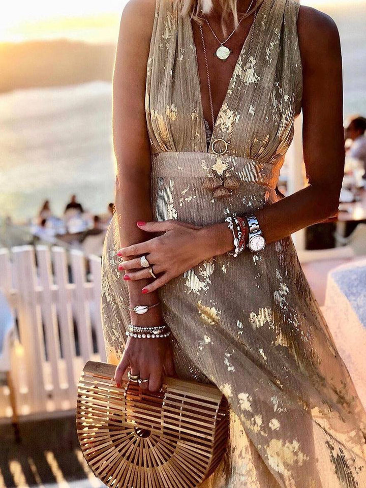 Calista | Metallic Foil Print Deep V Summer Dress