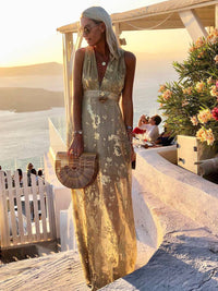 Calista | Metallic Foil Print Deep V Summer Dress