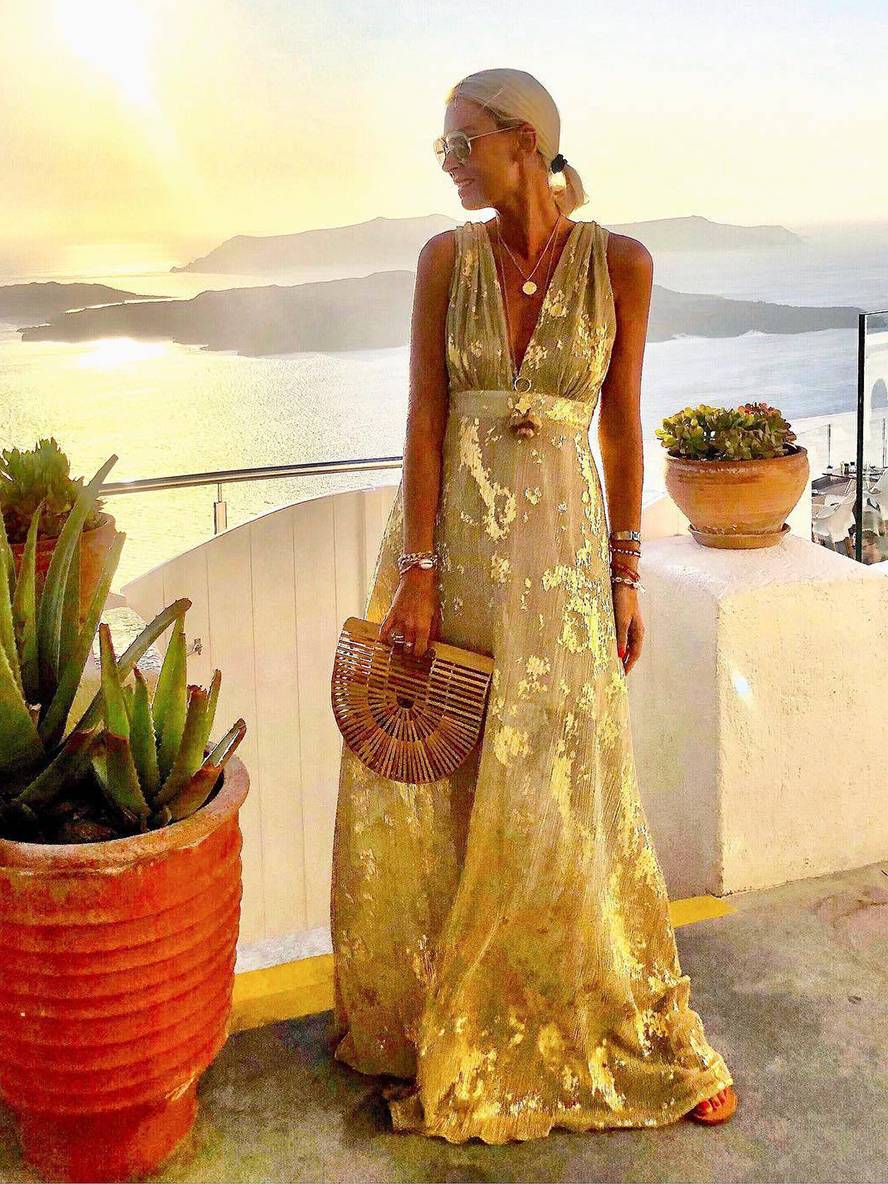 Calista | Metallic Foil Print Deep V Summer Dress