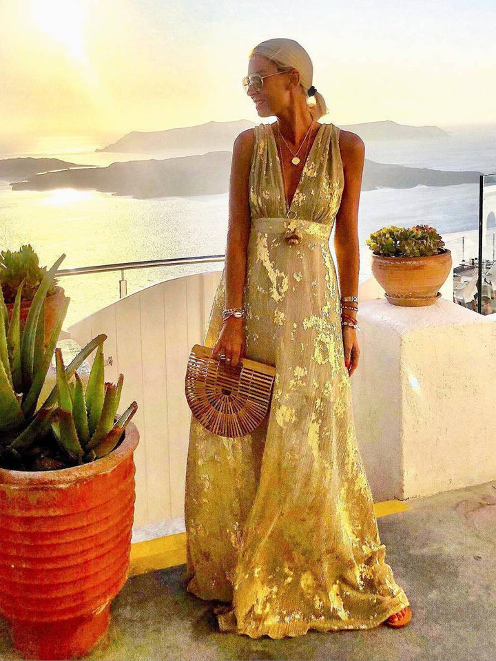 Calista | Metallic Foil Print Deep V Summer Dress