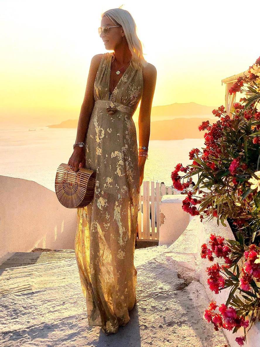 Calista | Metallic Foil Print Deep V Summer Dress