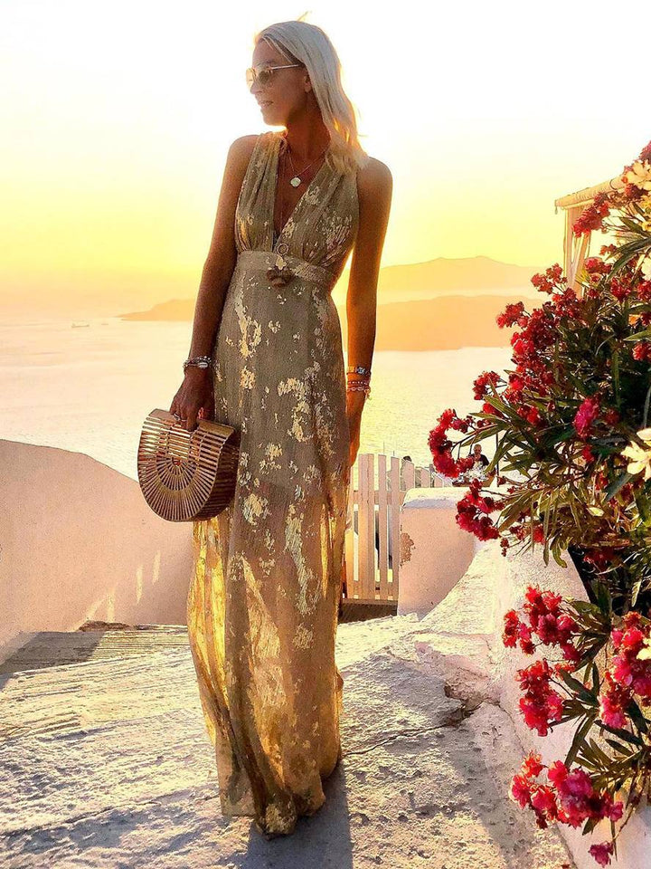 Calista | Metallic Foil Print Deep V Summer Dress