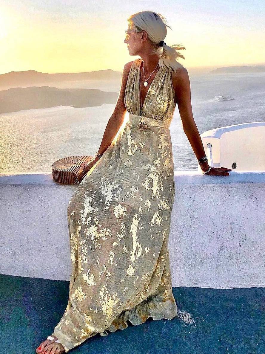 Calista | Metallic Foil Print Deep V Summer Dress