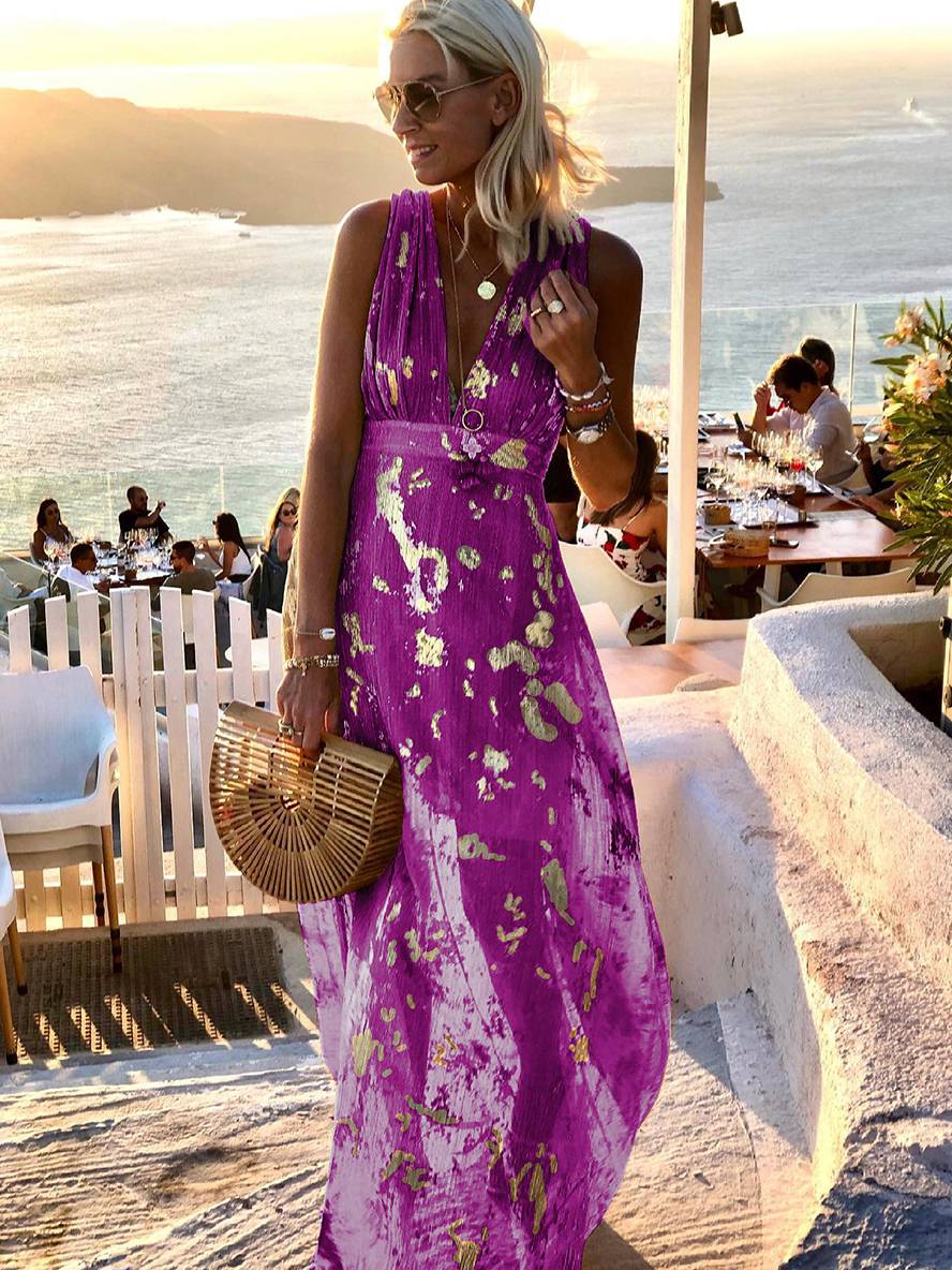 Calista | Metallic Foil Print Deep V Summer Dress