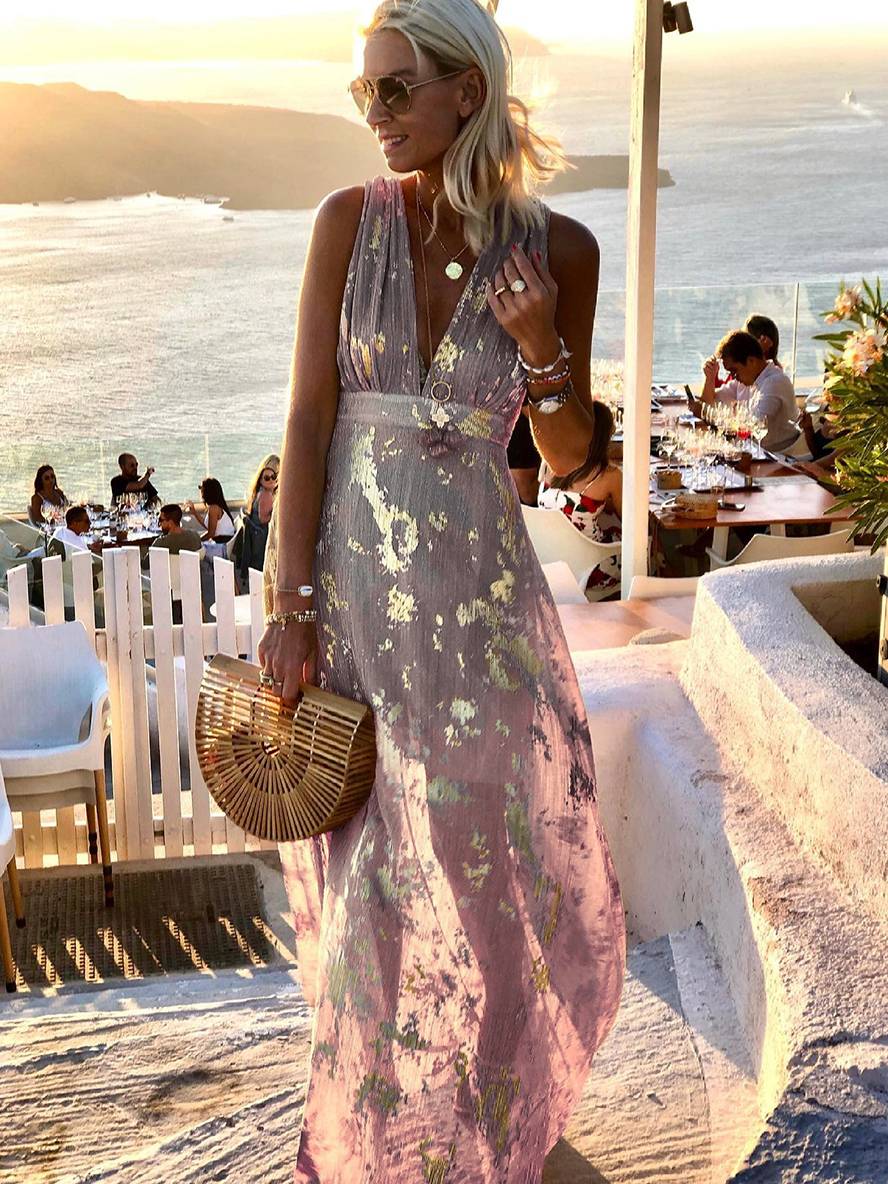 Calista | Metallic Foil Print Deep V Summer Dress