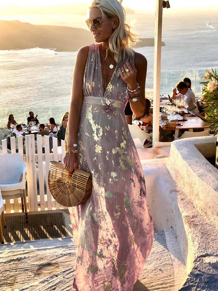 Calista | Metallic Foil Print Deep V Summer Dress