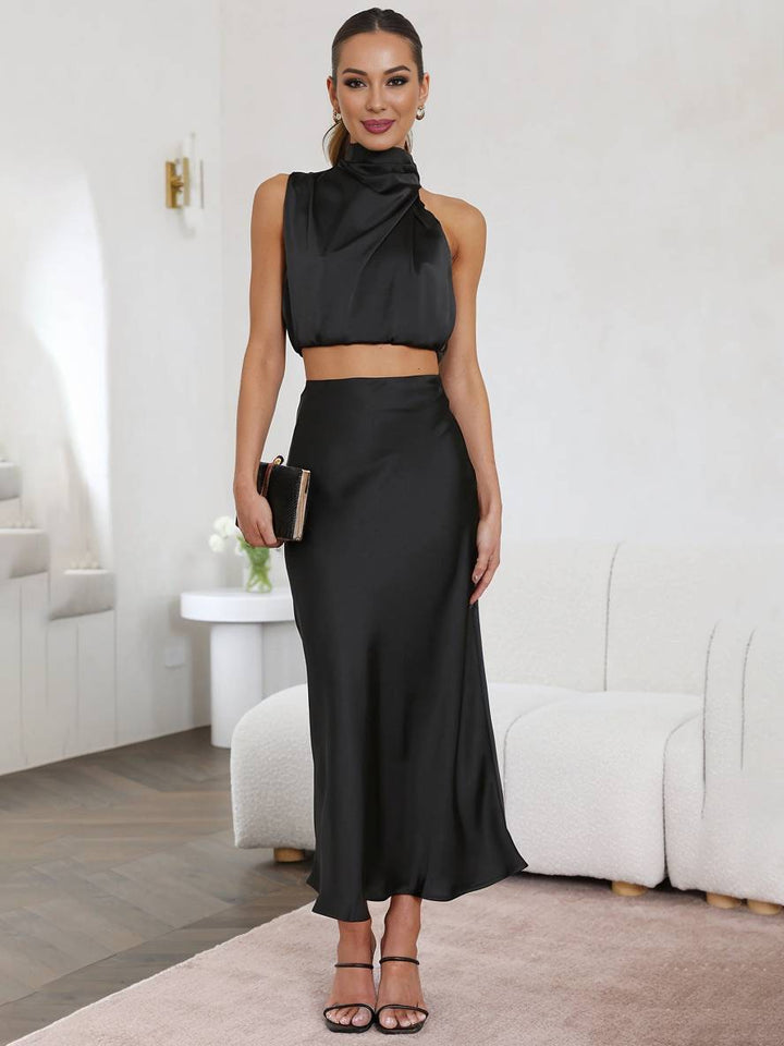 Sienna | Satin Halter Crop & Maxi Skirt Summer Dress Set