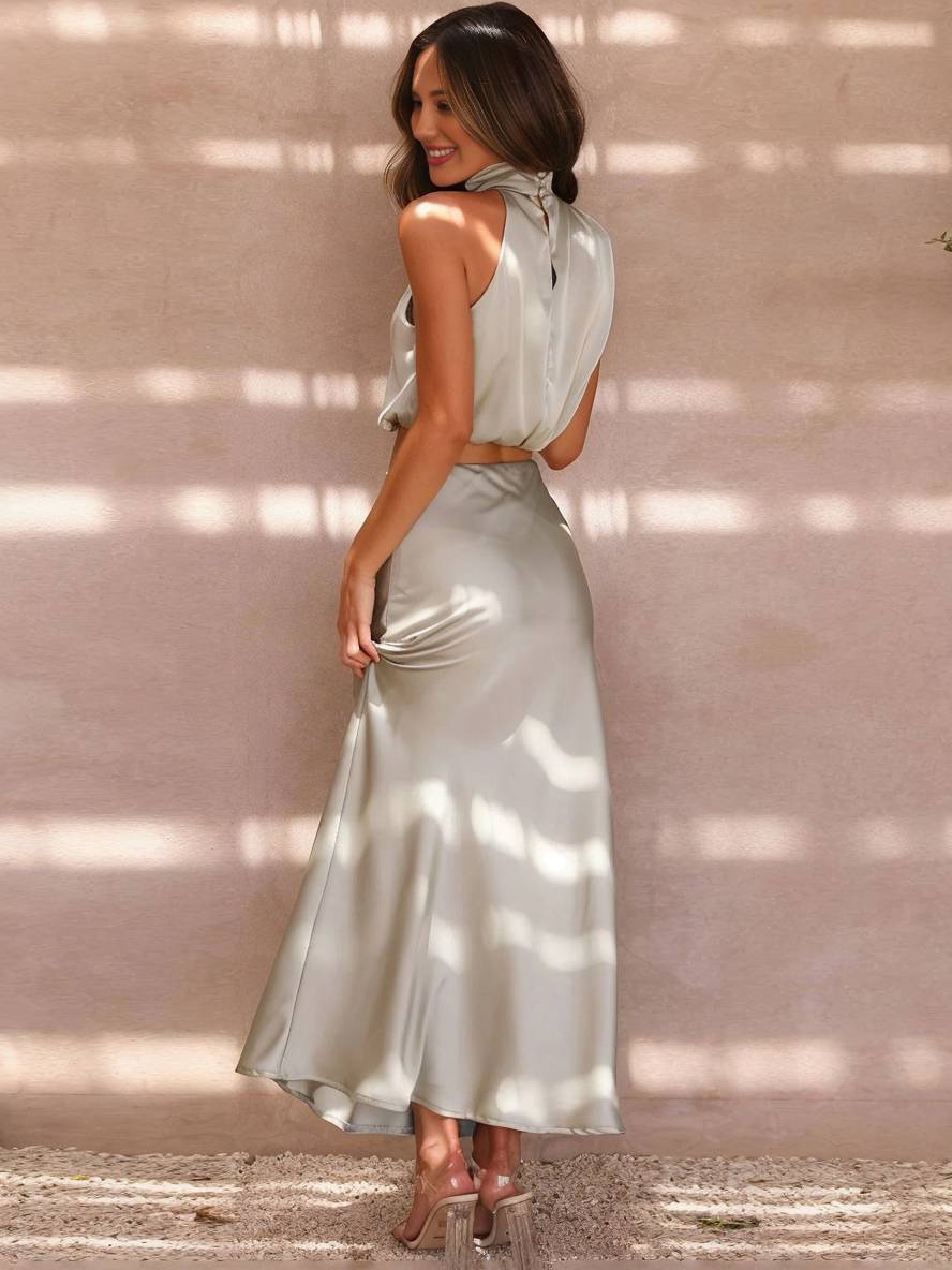 Sienna | Satin Halter Crop & Maxi Skirt Summer Dress Set
