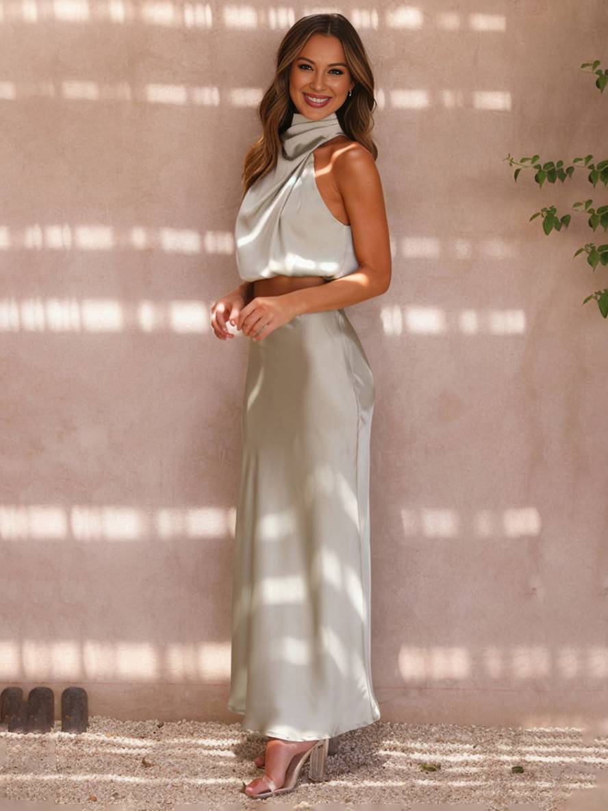 Sienna | Satin Halter Crop & Maxi Skirt Summer Dress Set