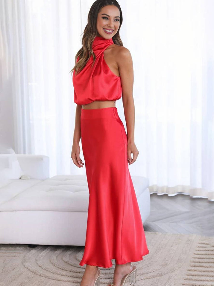 Sienna | Satin Halter Crop & Maxi Skirt Summer Dress Set