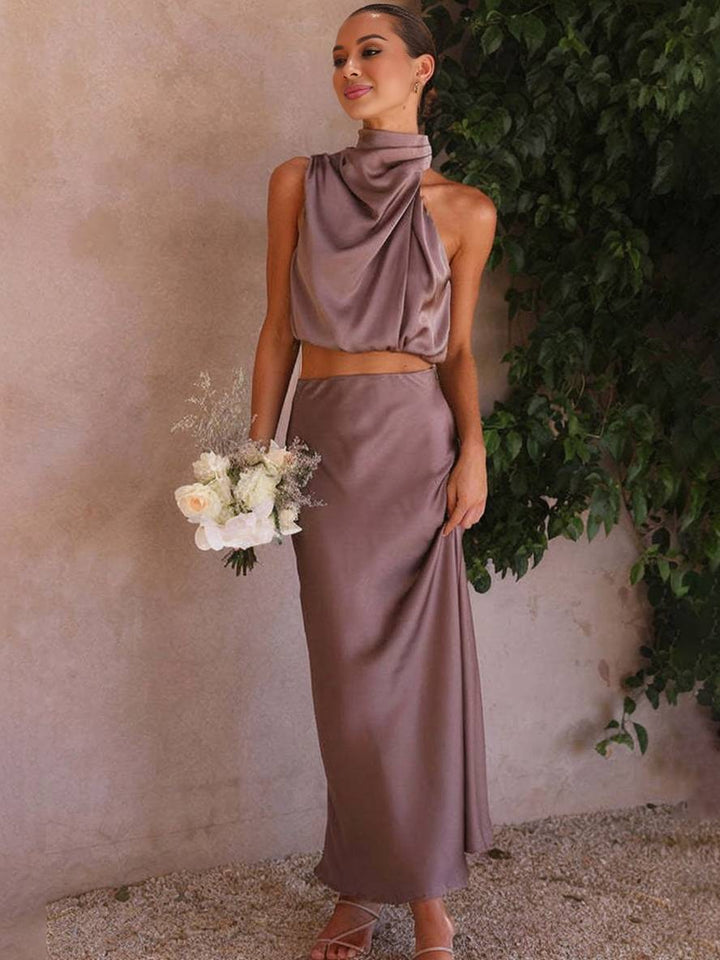 Sienna | Satin Halter Crop & Maxi Skirt Summer Dress Set