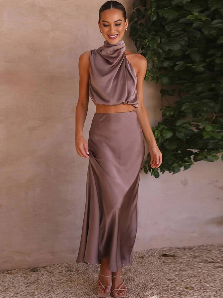 Sienna | Satin Halter Crop & Maxi Skirt Summer Dress Set