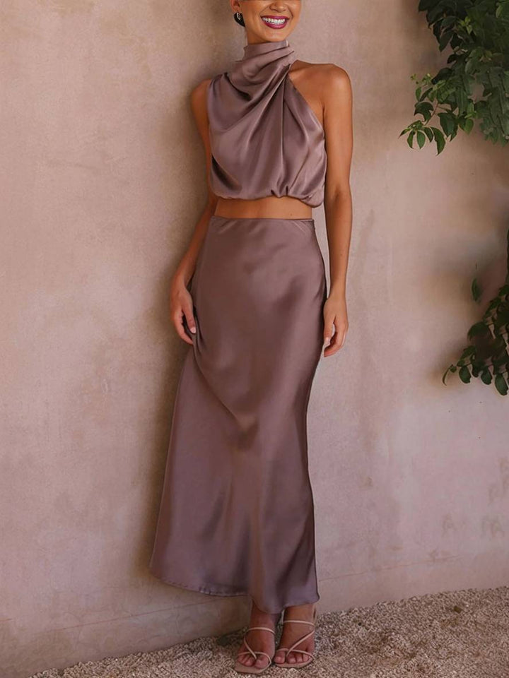 Sienna | Satin Halter Crop & Maxi Skirt Summer Dress Set