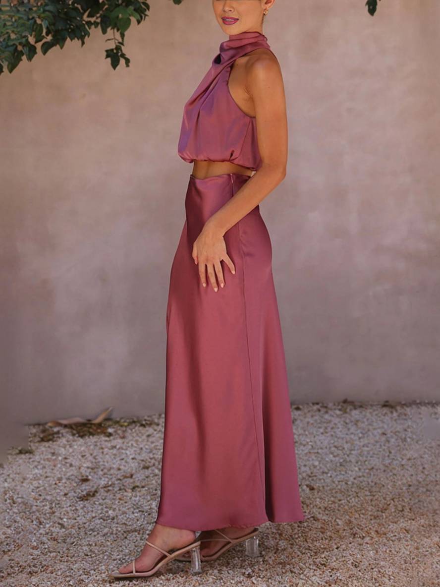 Sienna | Satin Halter Crop & Maxi Skirt Summer Dress Set