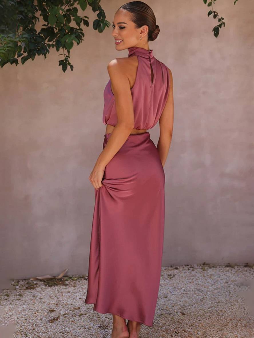 Sienna | Satin Halter Crop & Maxi Skirt Summer Dress Set
