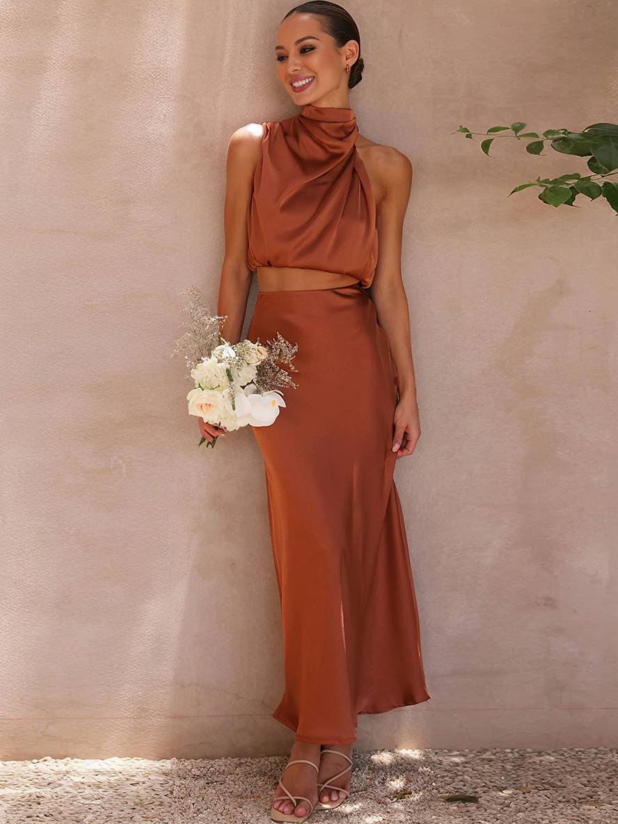 Sienna | Satin Halter Crop & Maxi Skirt Summer Dress Set