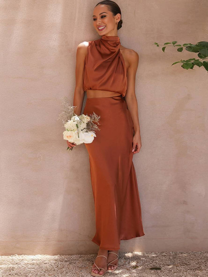 Sienna | Satin Halter Crop & Maxi Skirt Summer Dress Set