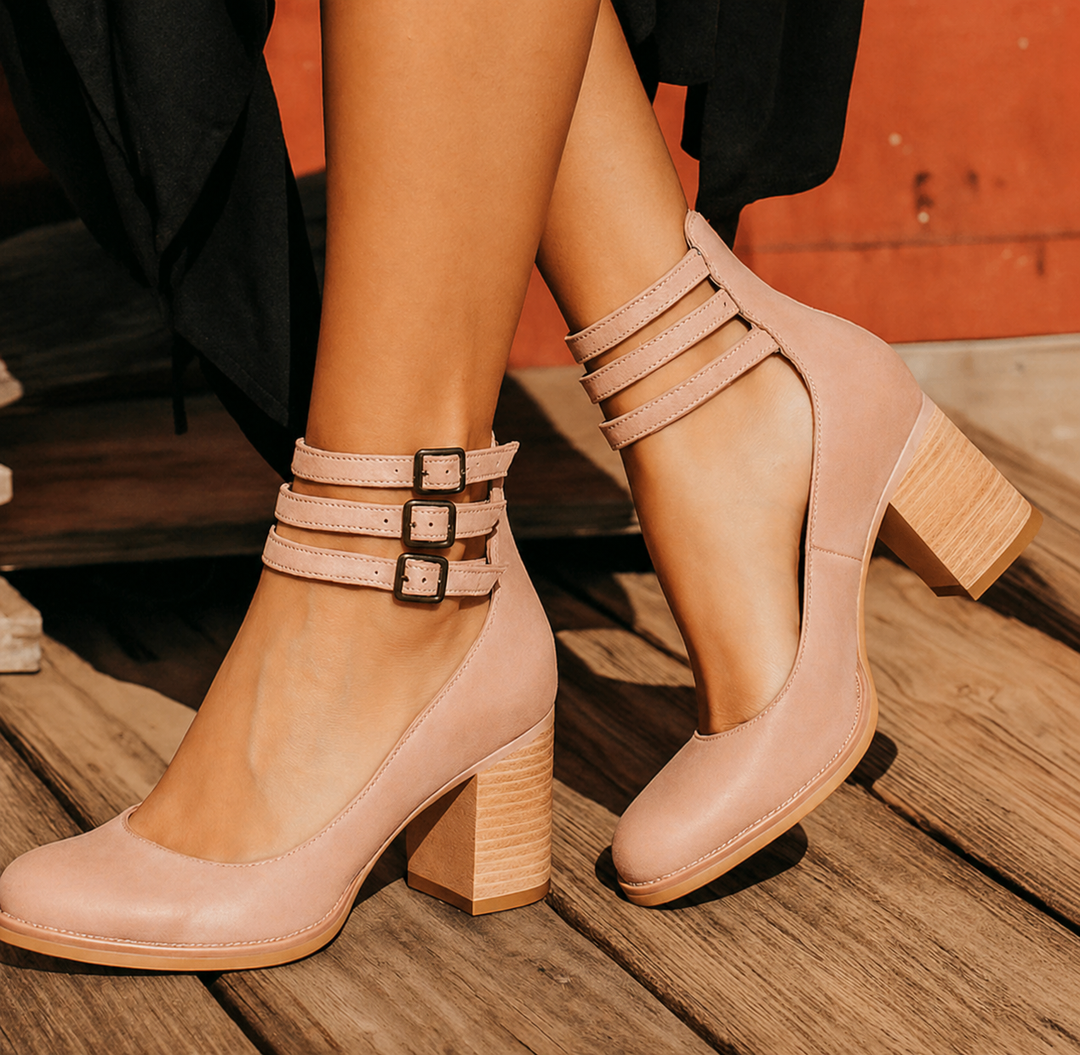 Mustang | Double Buckle Ankle Strap Stacked Block Heels