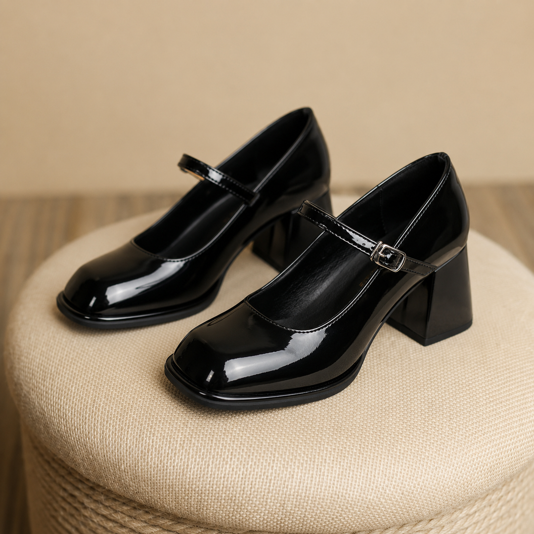 Margot | Patent Mary Jane Flats with Sculptural Block Heel