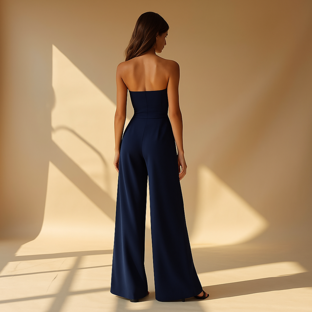Raffine | Strapless Bandeau Jumpsuit with Pleated Wide Leg Trousers