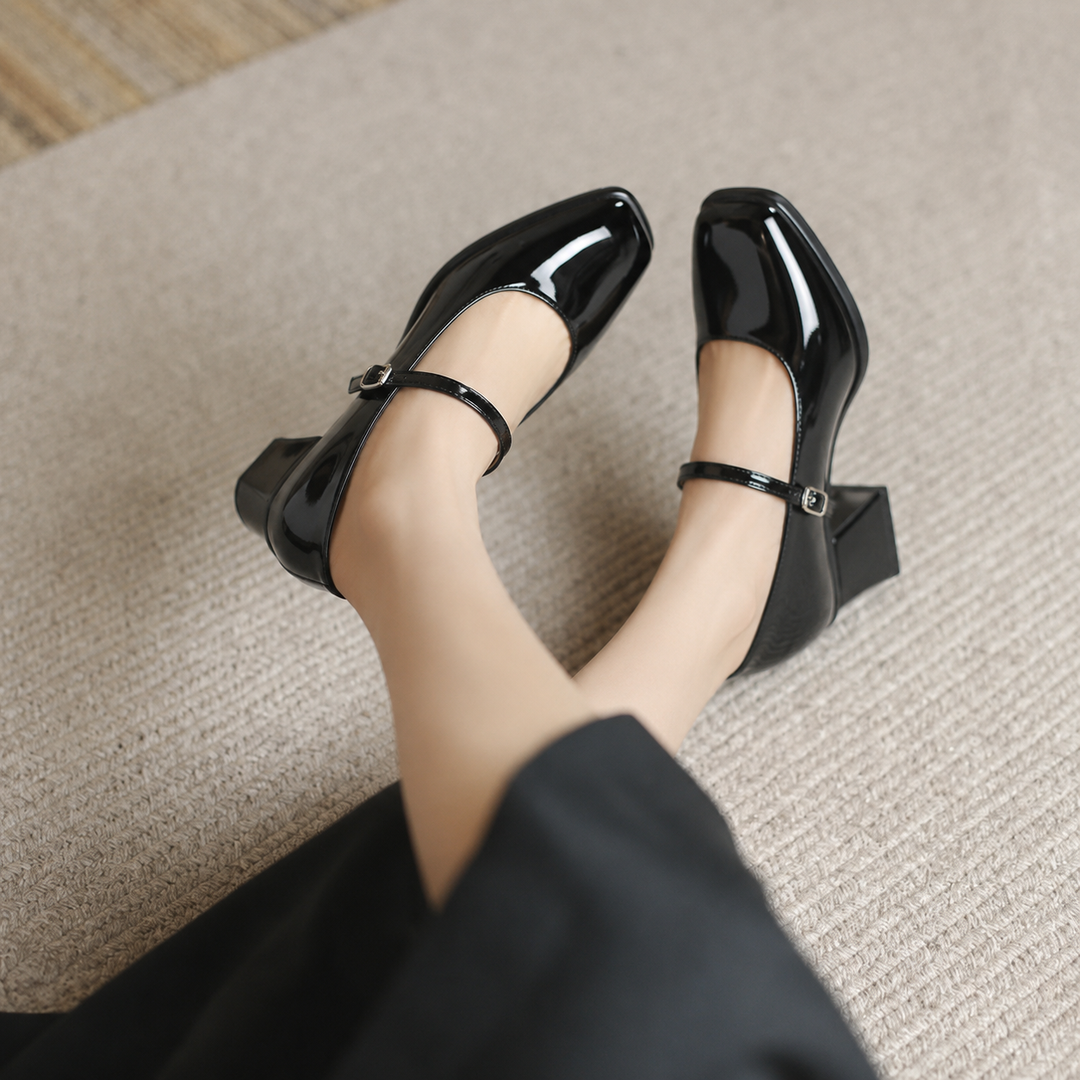 Margot | Patent Mary Jane Flats with Sculptural Block Heel