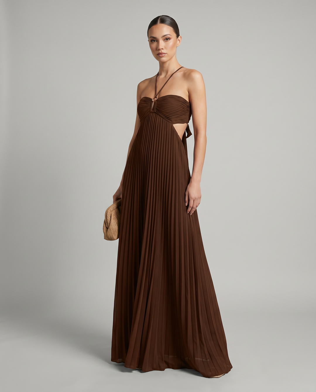 Delphine | Halter Neck Maxi Dress with Pleated Skirt and Cutout