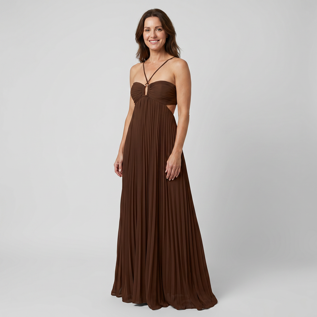 Delphine | Halter Neck Maxi Dress with Pleated Skirt and Cutout