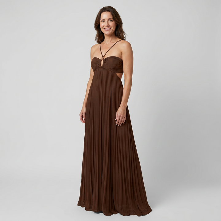 Delphine | Halter Neck Maxi Dress with Pleated Skirt and Cutout