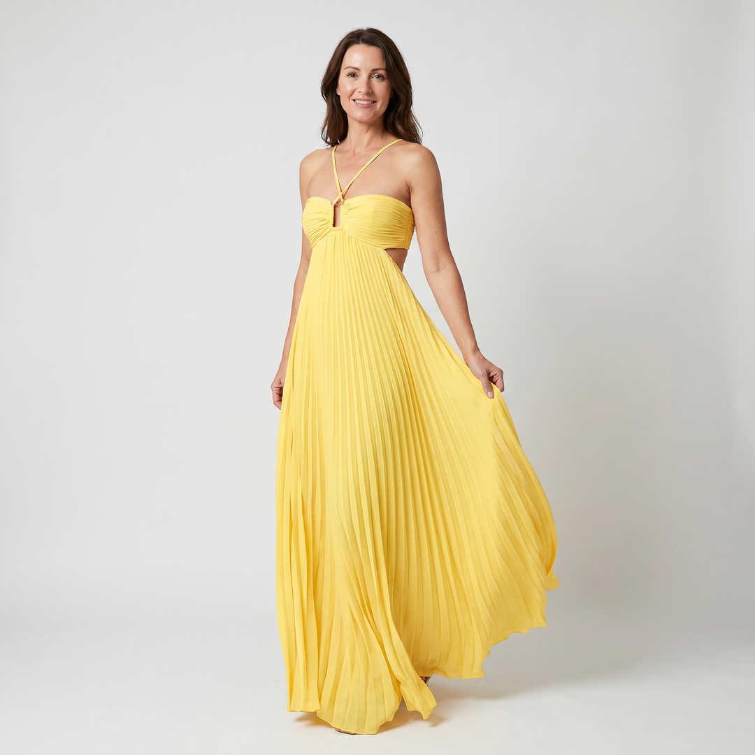 Delphine | Halter Neck Maxi Dress with Pleated Skirt and Cutout