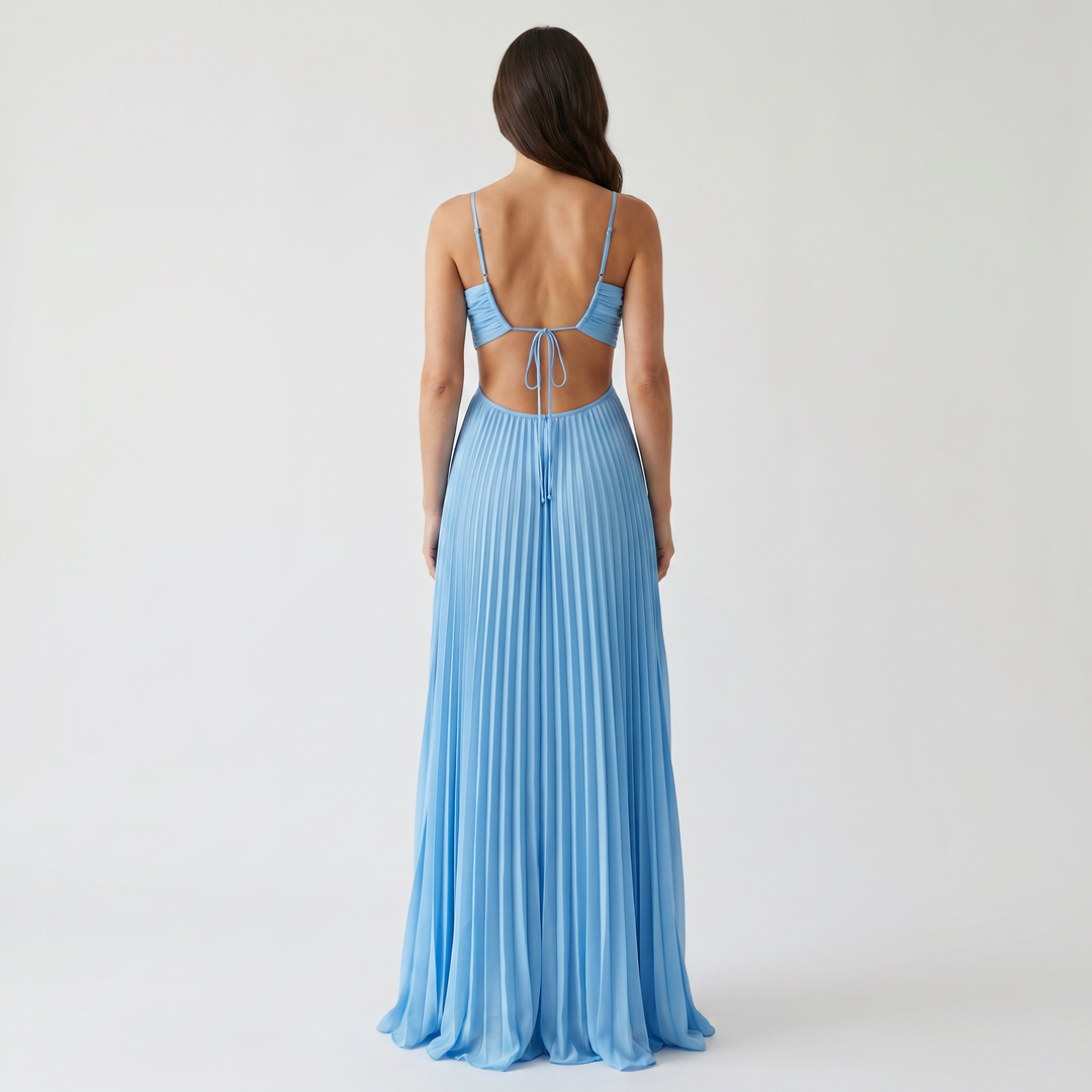 Delphine | Halter Neck Maxi Dress with Pleated Skirt and Cutout