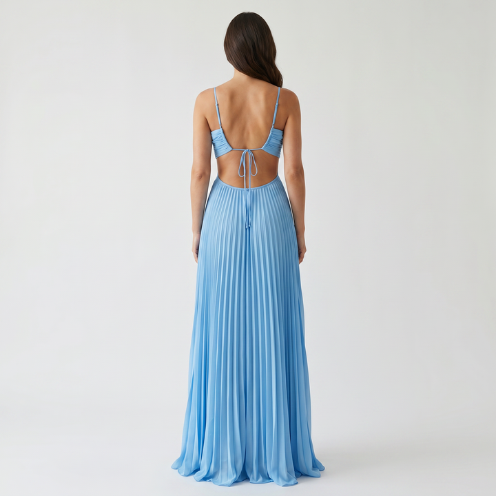 Delphine | Halter Neck Maxi Dress with Pleated Skirt and Cutout