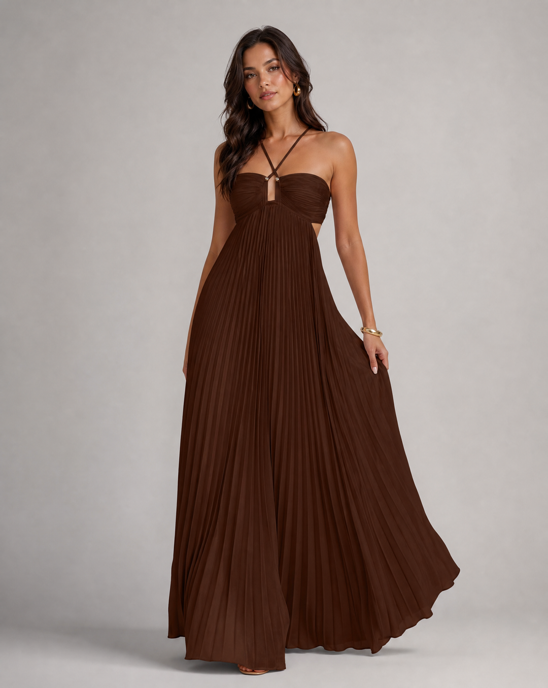 Delphine | Halter Neck Maxi Dress with Pleated Skirt and Cutout