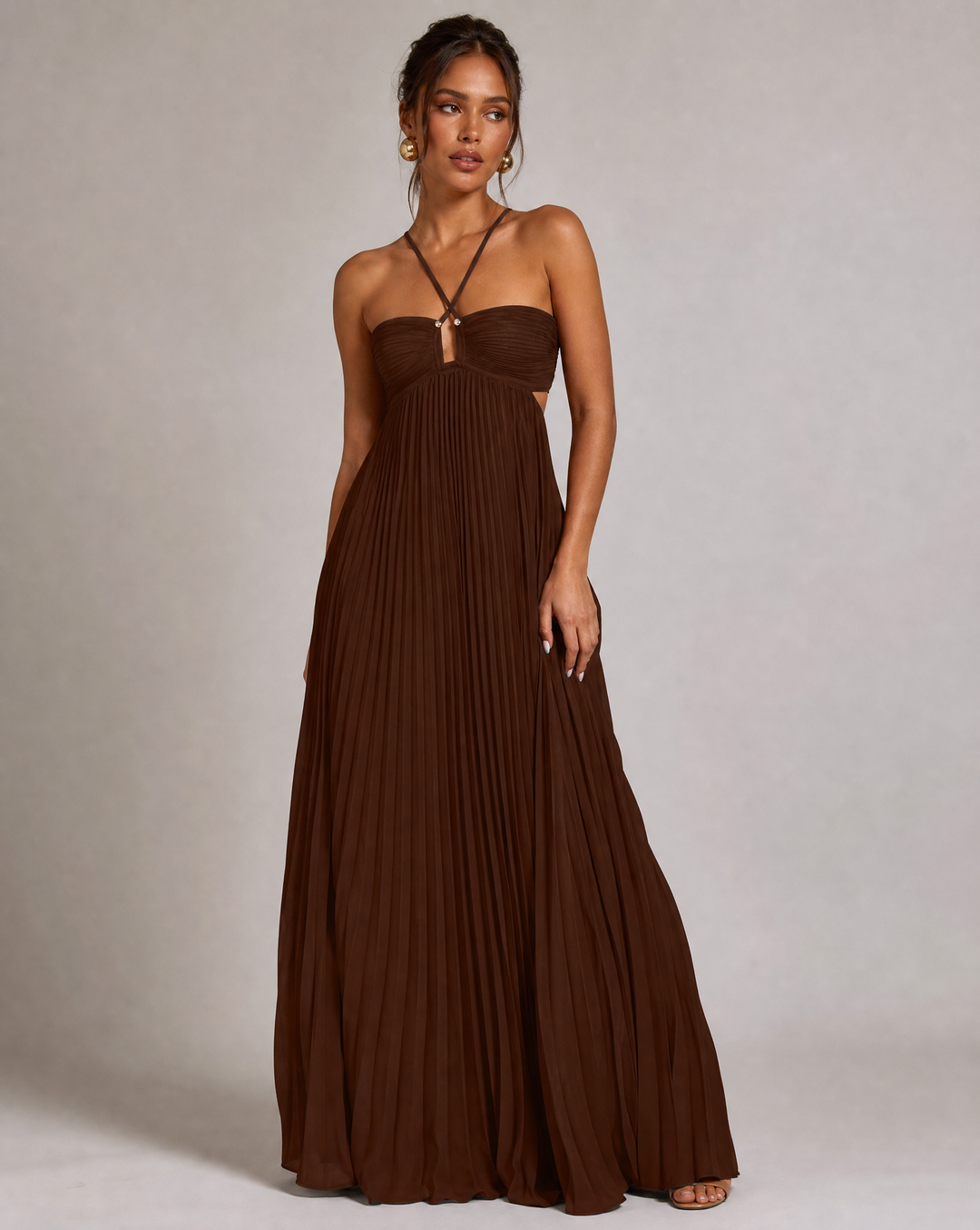Delphine | Halter Neck Maxi Dress with Pleated Skirt and Cutout