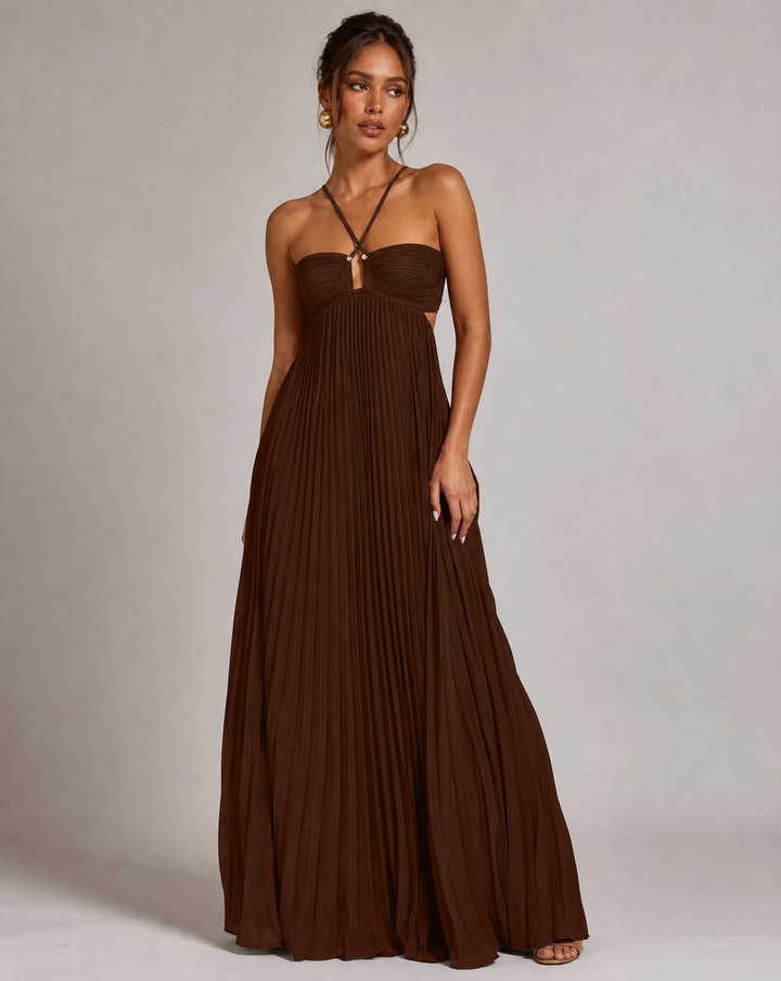 Delphine | Halter Neck Maxi Dress with Pleated Skirt and Cutout