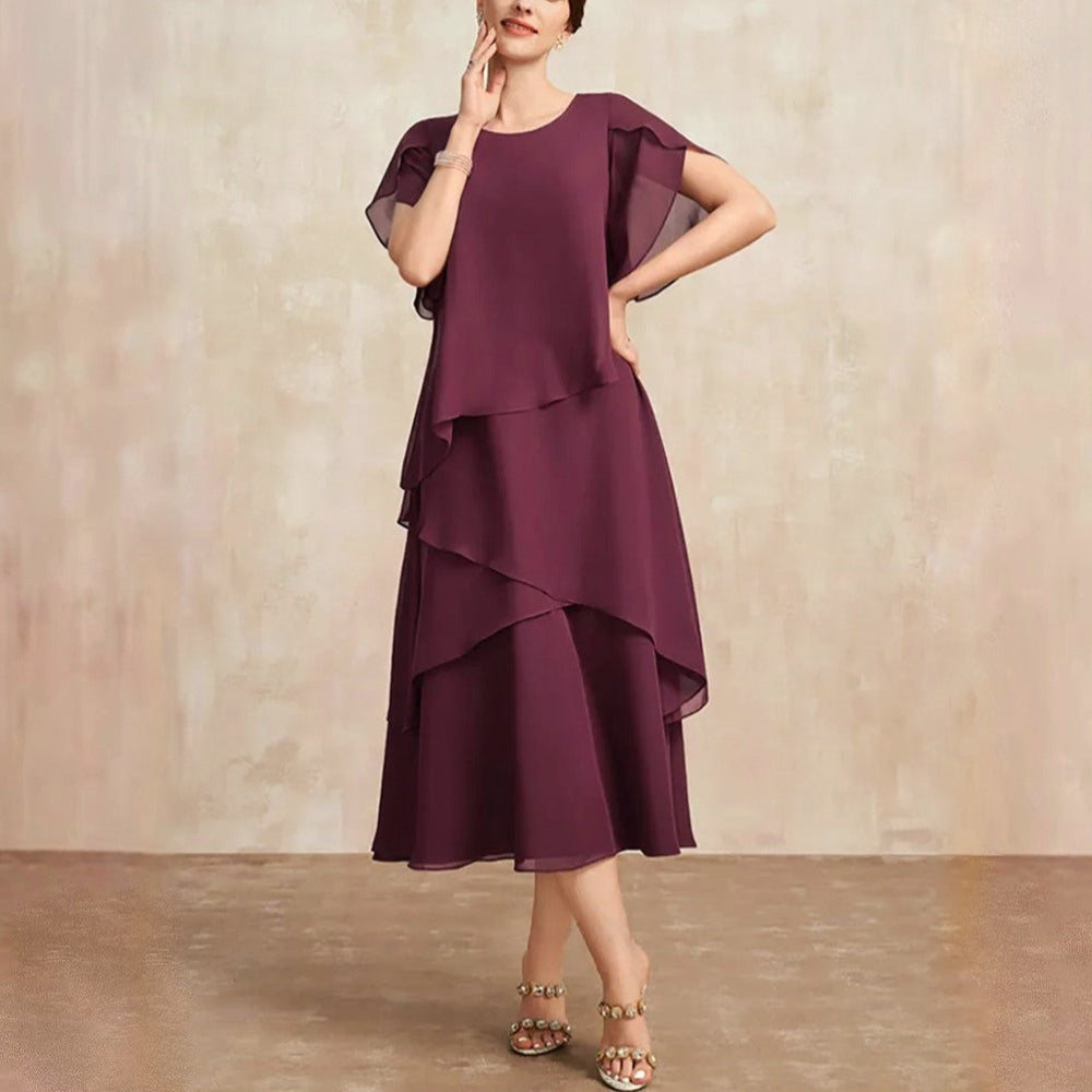 Danielle | Tiered Chiffon Flutter-Sleeve Womens Pleated Midi Dress