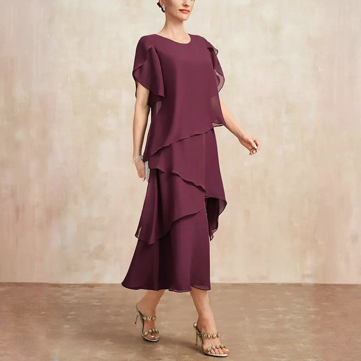 Danielle | Tiered Chiffon Flutter-Sleeve Womens Pleated Midi Dress