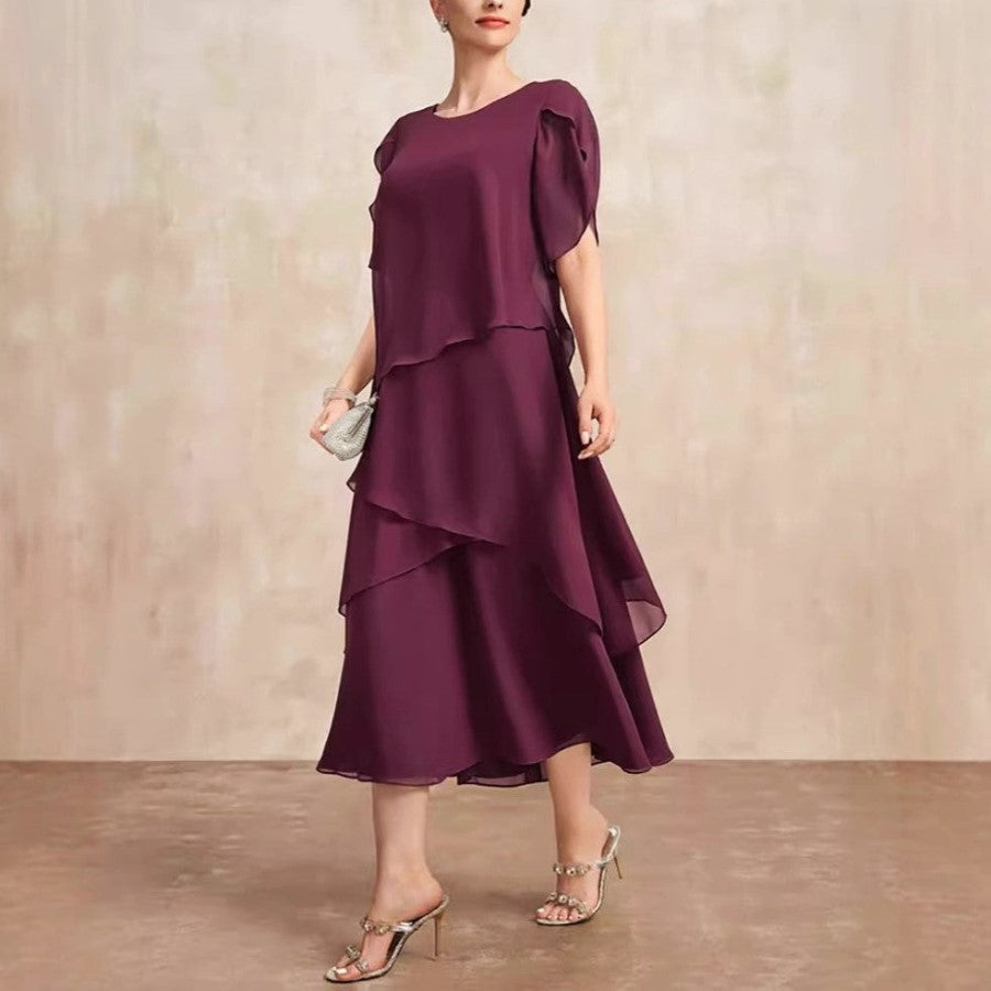 Danielle | Tiered Chiffon Flutter-Sleeve Womens Pleated Midi Dress