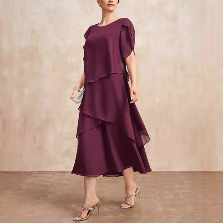 Danielle | Tiered Chiffon Flutter-Sleeve Womens Pleated Midi Dress